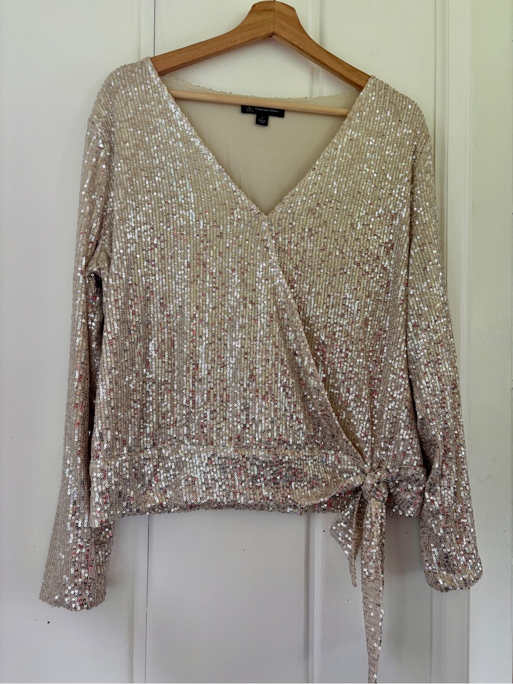 INC International Concepts Champagne Sequin Wrap Tie-Waist Top